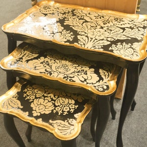 Italian Luxury Florentine wooden art coffee table nesting table service rococo baroque gold Furniture retro black made to order