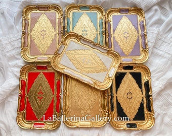 Italian Florentine tray wood gold baroque rococo decorative tea board vintage wedding gift shabby chic Italy rectangle white pink black blue