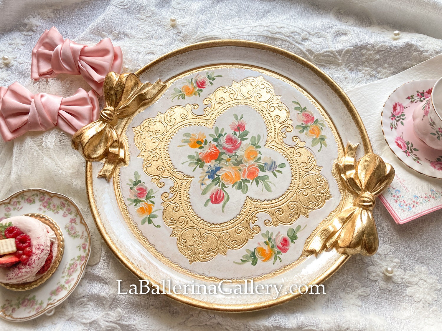 Rococo Ribbon Plate Italian Florentine Tray Wood Gold Baroque Rococo Ribbon Bowknot Rose ...