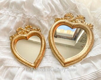 Italian Florentine frame mirror wood gold baroque rococo relief shabby chic wall hanging decor bow ribbon Vintage Italy shabby chic heart