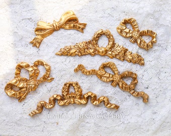 Italian Florentine ribbon bow Wall hanging wood gold baroque rococo antique vintage relief shabby chic applique furniture Moulding Pediment