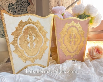 Italian Florentine tray wood gold baroque rococo luxury royal bin trash box home decoration Vintage Italy gold lace pink white