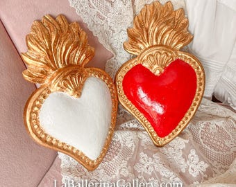 Italian Florentine Ex voto Sacrecoeur sacred heart Wall hanging wood gold baroque rococo home decoration relief shabby chic red