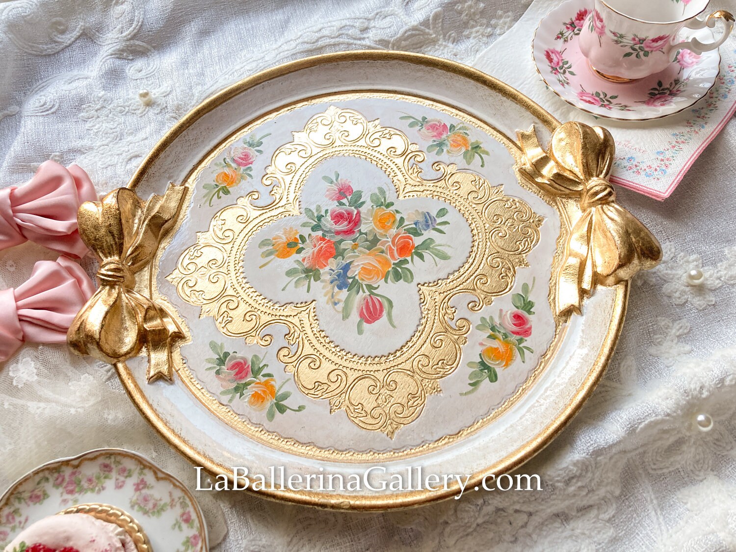 Rococo Ribbon Plate Italian Florentine Tray Wood Gold Baroque Rococo Ribbon Bowknot Rose ...