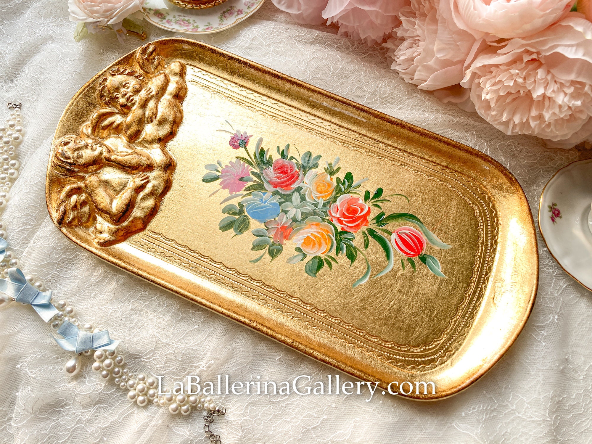 イタリア製 高級フィレンツェ調 樹脂製ゴールドトレイ装飾バスケット