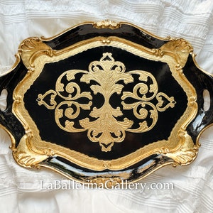 Italian Florentine tray wood gold baroque rococo home decoration Vintage tea board wedding gift Octagon classic black golden bridal