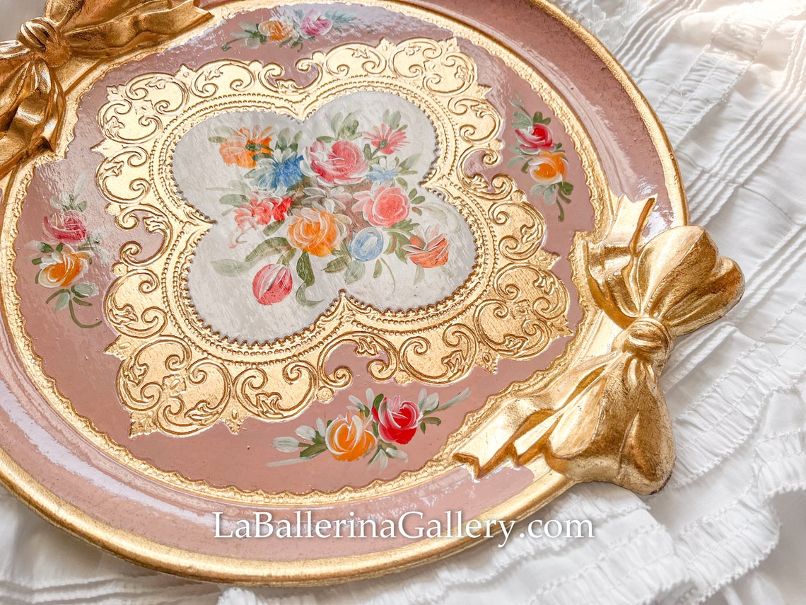 Rococo Ribbon Plate Italian Florentine Tray Wood Gold Baroque Rococo Ribbon Bowknot Rose ...