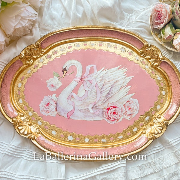Italian Florentine tray wood gold rococo decorative tea board wedding gift shabby chic Italy illustration rose swan ribbon pink oval