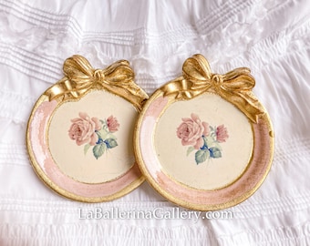 2 pieces Italian Florentine Coasters rose ribbon bow baroque rococo shabby chic wood countryside home Vintage wedding gift pink gold