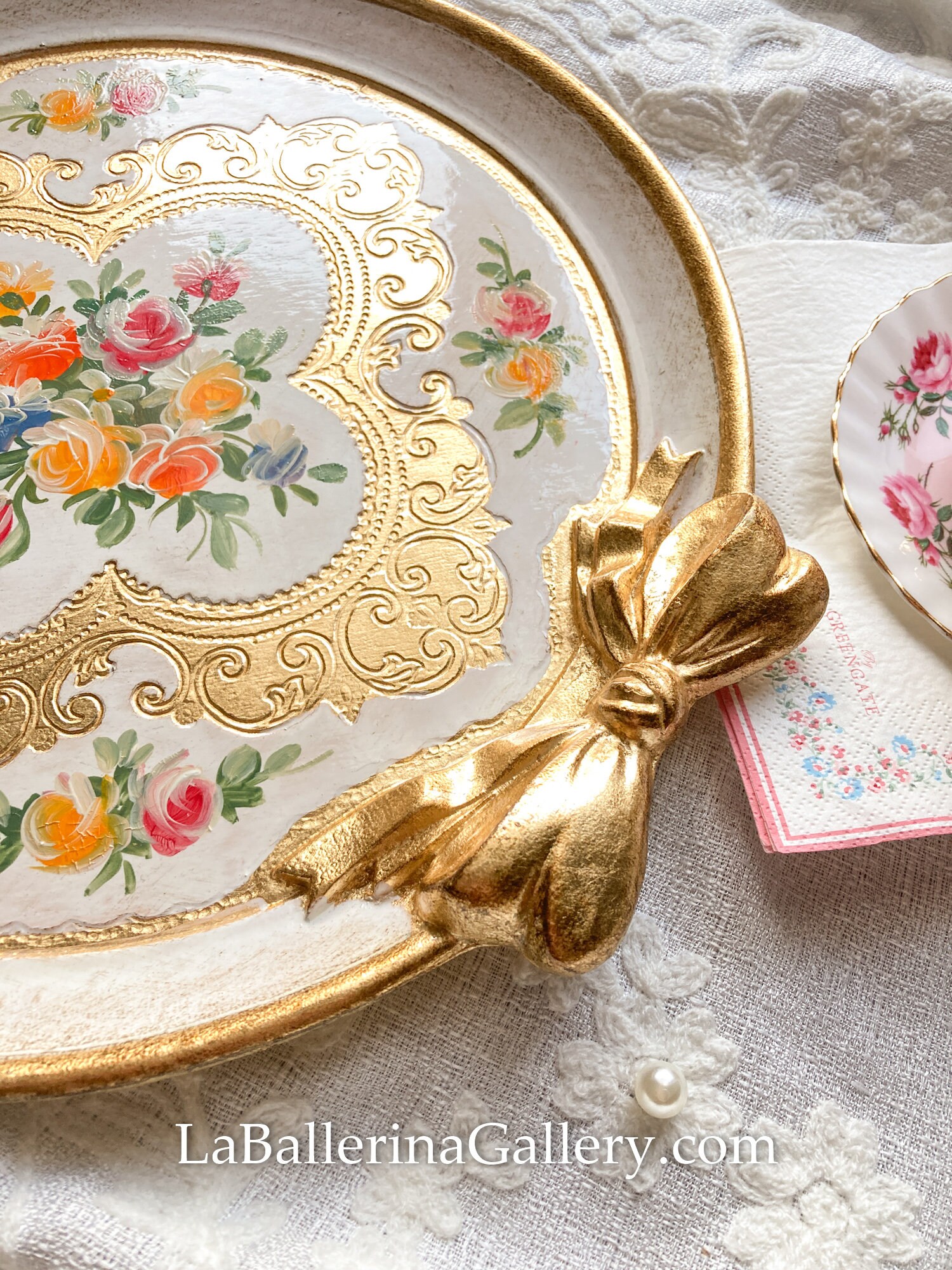 Rococo Ribbon Plate Italian Florentine Tray Wood Gold Baroque Rococo Ribbon Bowknot Rose ...