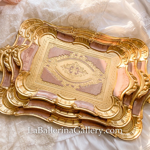 Italian Florentine tray hand paint wood gold baroque rococo tea board home decoration Vintage victorian wedding gift pink shabby