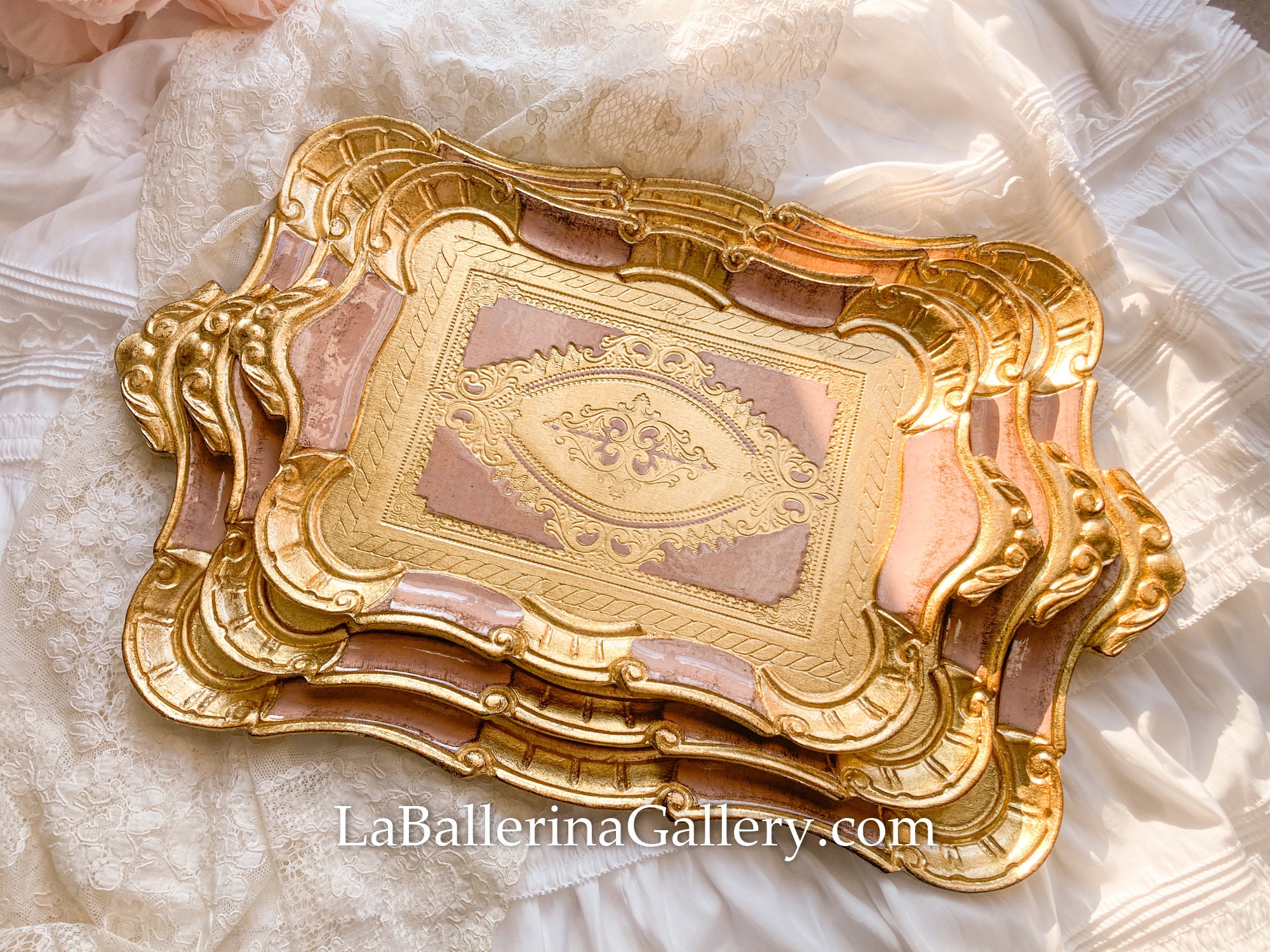Italian Florentine tray hand paint wood gold baroque rococo tea board home decoration Vintage victorian wedding gift pink shabby