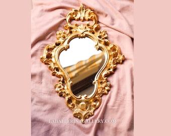 Italian Florentine frame mirror wood gold baroque rococo Relief countryside shabby chic wall Vintage  european french large victorian