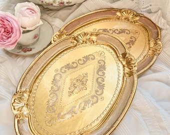 Italian Florentine tray wood gold baroque rococo decorative tea board vintage wedding gift shabby chic Italy oval pink white