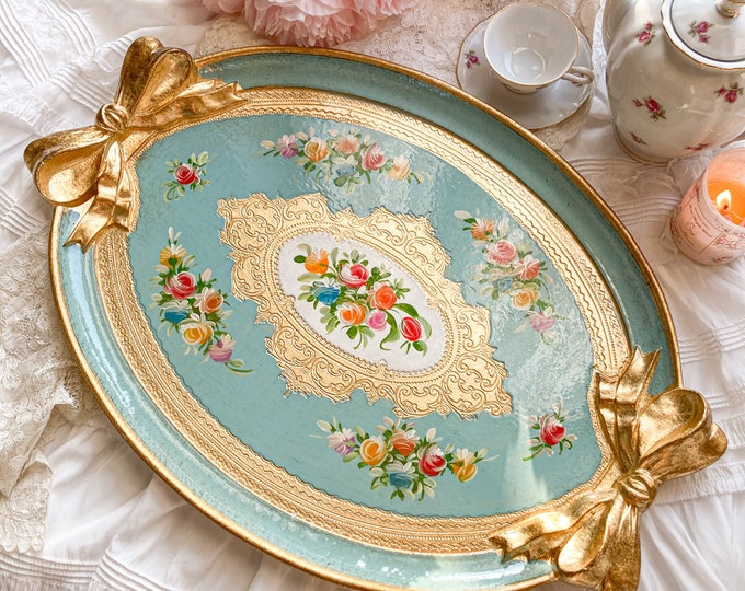 Rococo Ribbon Plate Italian Florentine Tray Wood Gold Baroque Rococo Ribbon Bow Rose Tea ...