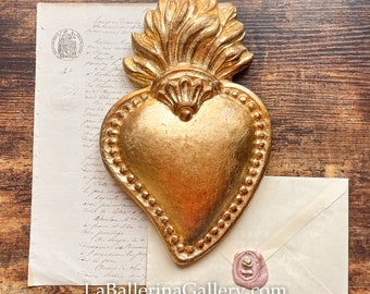 Italian Florentine Ex voto Sacrecoeur sacred heart Wall hanging wood gold baroque rococo home decoration relief shabby chic