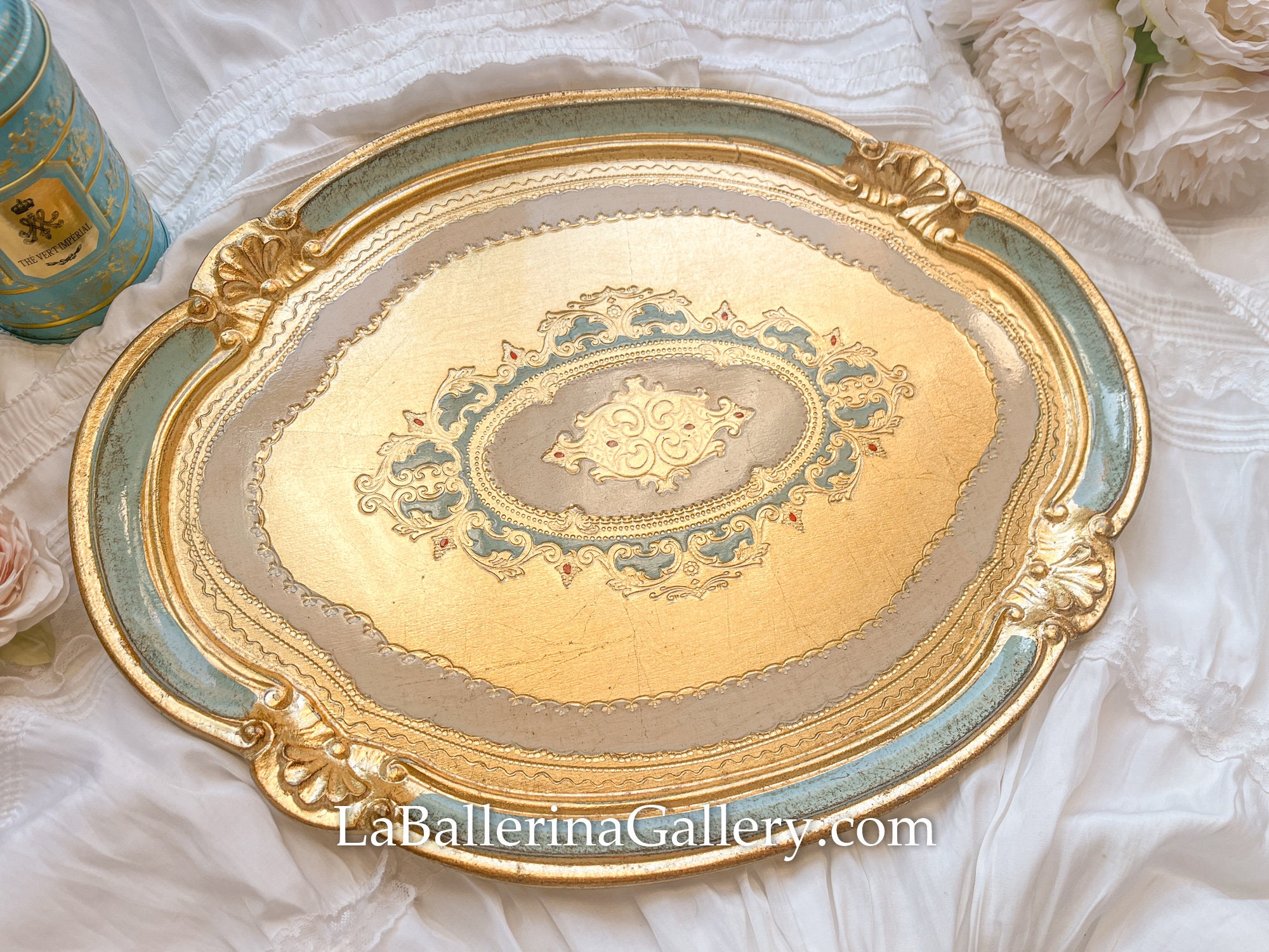 Italian Florentine tray wood gold baroque rococo decorative tea board vintage wedding gift shabby chic Italy oval light blue