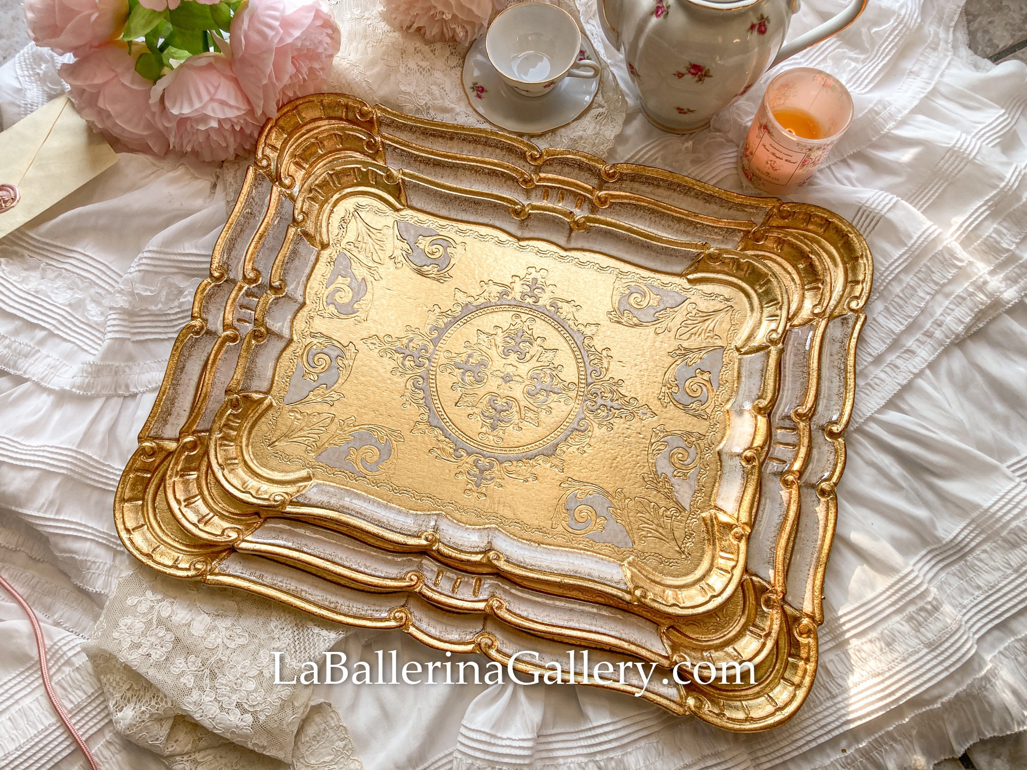 Italian Florentine tray hand paint wood gold baroque rococo tea board home decoration Vintage victorian wedding gift rectangle white large