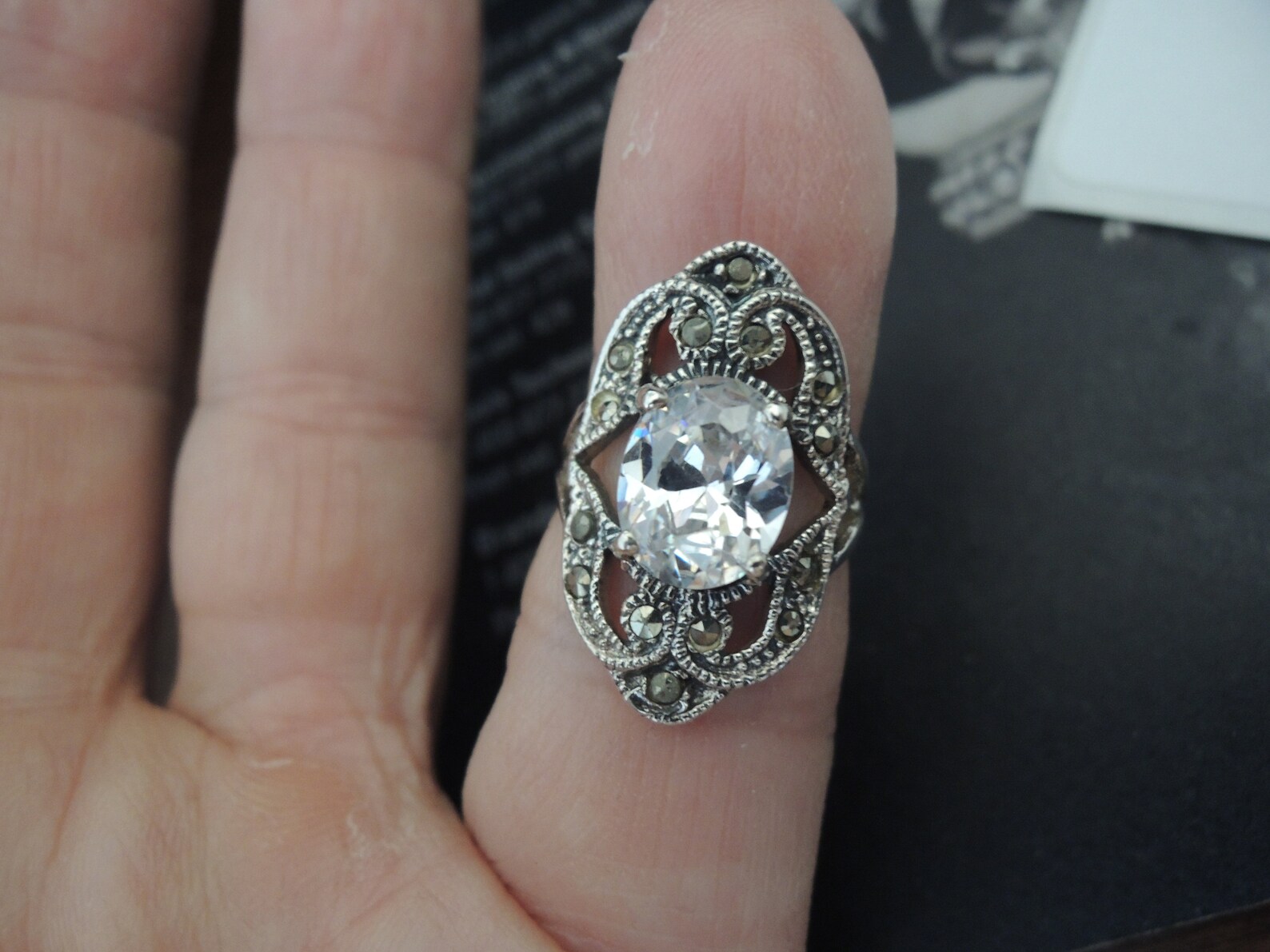 Jules Sterling 925 filigree silver ring Marcasite and clear | Etsy