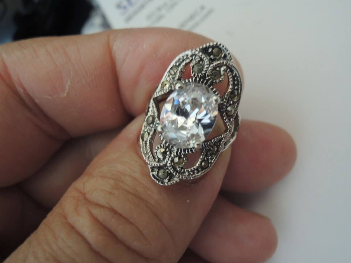 Jules Sterling 925 filigree silver ring Marcasite and clear | Etsy