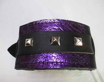 Black/Metallic Purple Leather Buckle fasten wrist Bracer/wrist band/cuff with triple Stud Feature (X10)