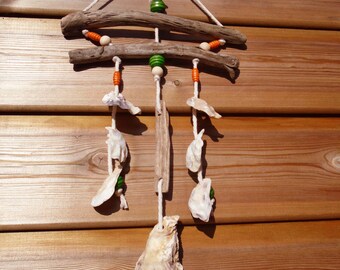 Au Natural Driftwood Art, Rope/Oyster shell/Beads Hanging Decoration/Wind Chime (W8)