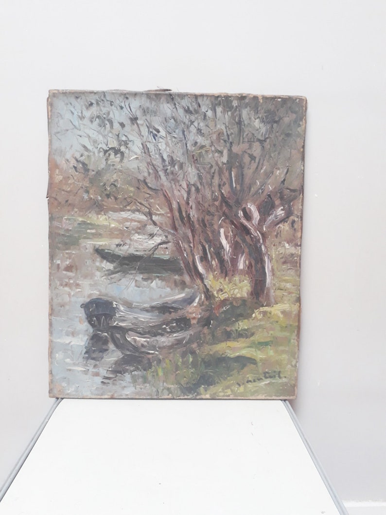 Peinture d'une rivière, tableau de paysage, barques, huile sur toile signée ancienne image 3