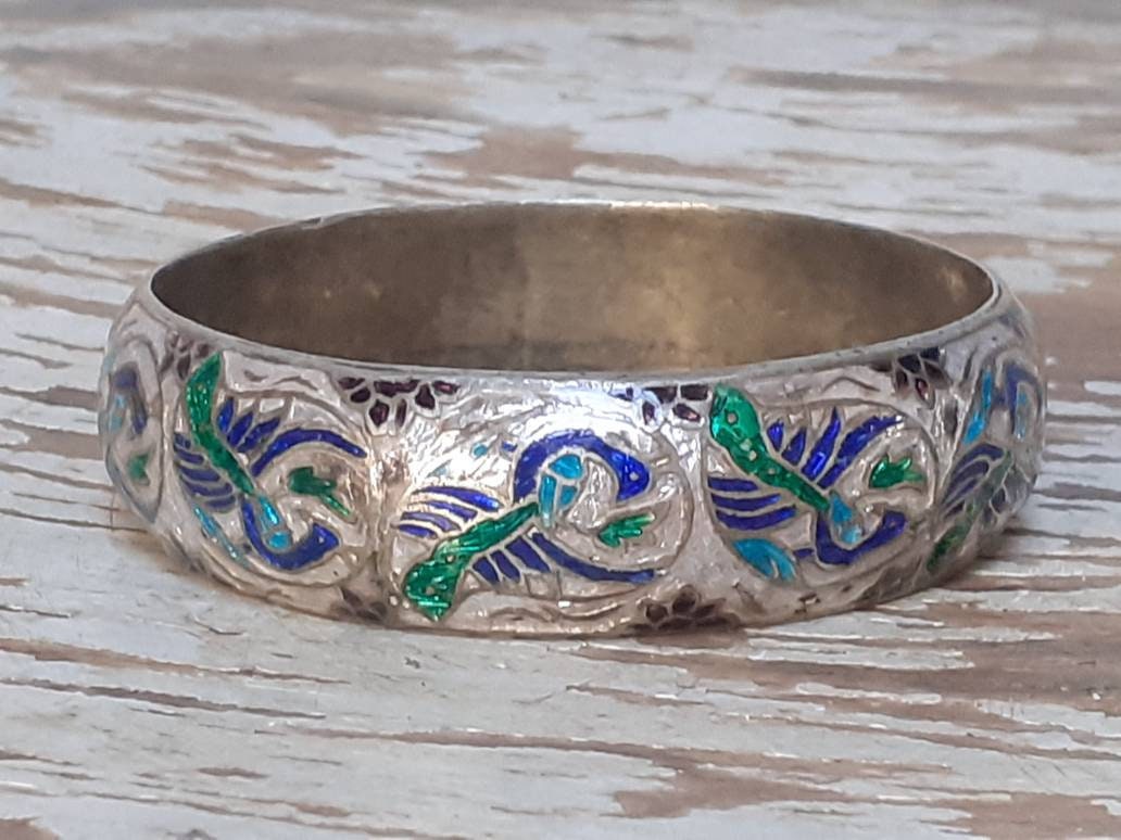 Bracelet Ancien En Argent émaillé Bleu Avec Gravures - Style Jonc, Occasion, Très Beau état (TTBE)