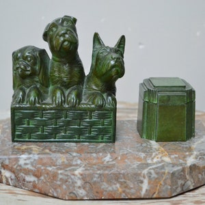Vintage inkwell with dogs décor, green desk Art déco accessory