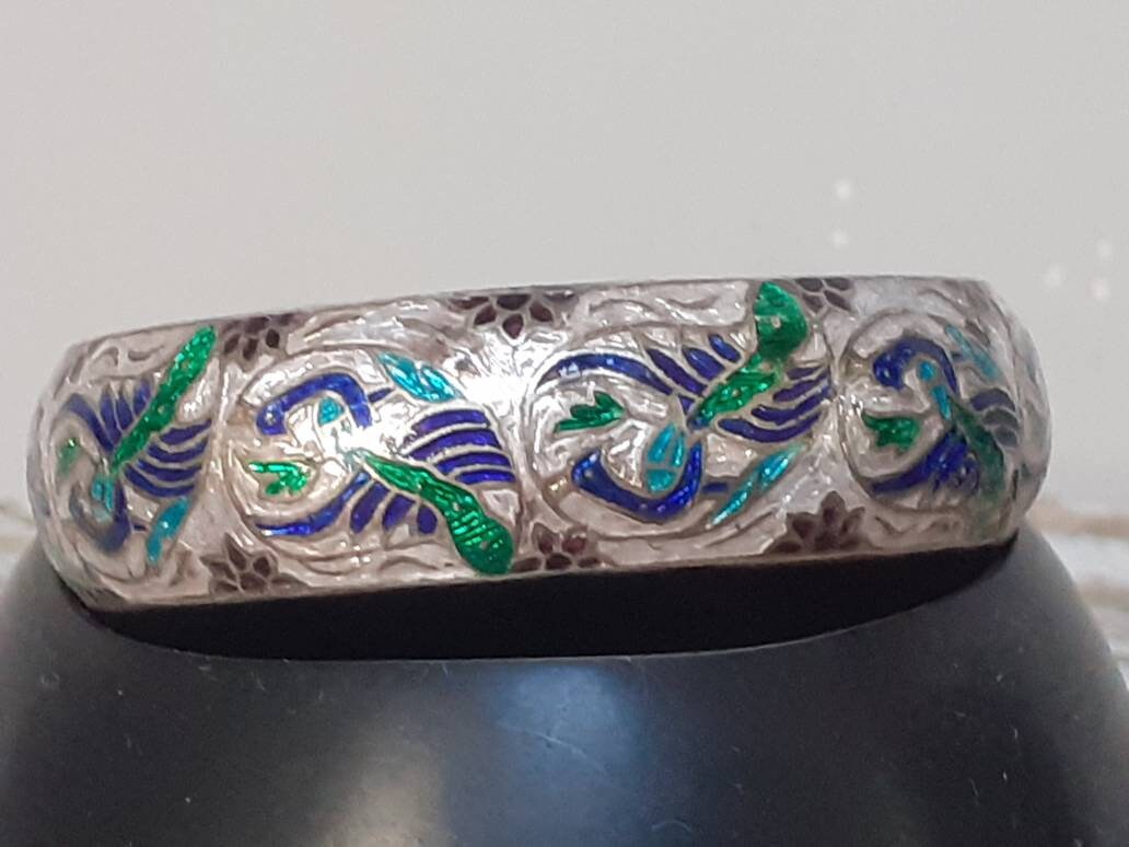 Bracelet Ancien En Argent émaillé Bleu - Style Jonc Avec Gravures - Occasion TTBE