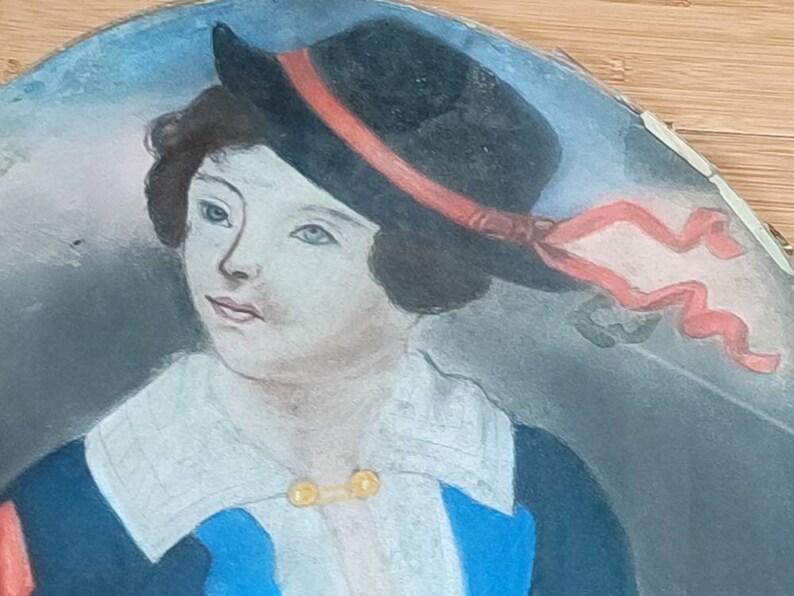 Romantic boy portrait, antique original drawing, child in uniform, under glass image 6