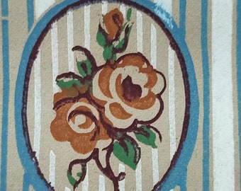 20s stenciled floral and striped wallpaper roll in blue and green colors, vintage wall décor