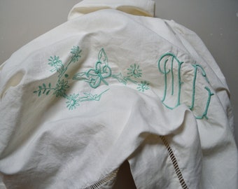 Antique French double bed sheet, green hand embroidered heirloom linen, butterflies and floral