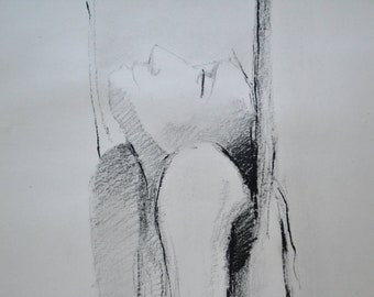 Woman portrait, female artwork, modern charcoal drawing, signed sketch