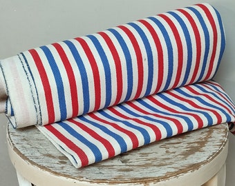 Striped French cotton fabric in blue white and red for upholstery, vintage