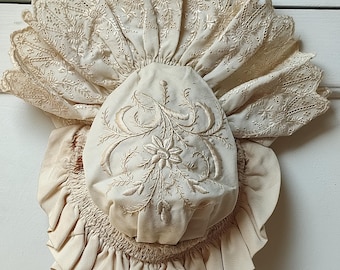 Antique embroidered baby hat from Le Bon Marché, antique christening accessory