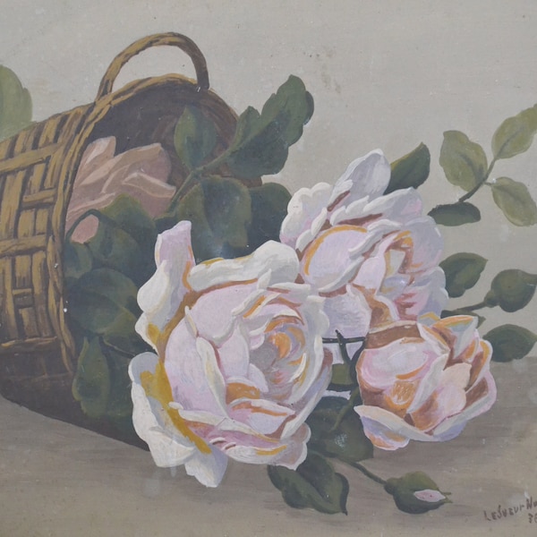 Roses painting original, flower basket picture, floral still life