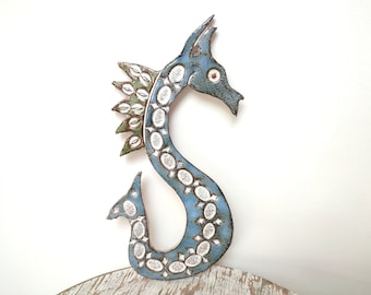 Ceramic Seahorse blue and white enameled, signed Pérot, France, Vintage