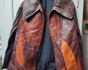 Patchwork leather cape with oversized collar unisex vintage