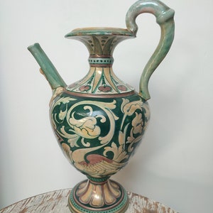 Italian ceramic pitcher, Green hand pained ewer signed AR