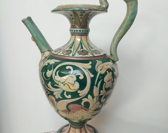 Italian ceramic pitcher, Green hand pained ewer signed AR