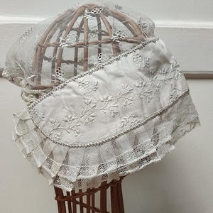 French antique coif, lace embroidered floral bonnet