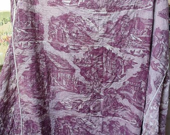Antique French cotton bed cover violet toile 19th C