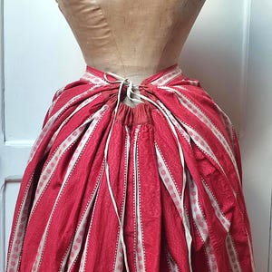 Antique Petticoat red cotton with woven stripes and dots pattern, adjustable waistline
