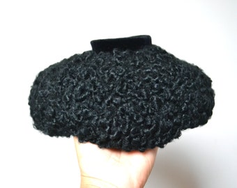 50s black woolen pillbox hat, original vintage