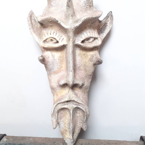 Faun mask, earth and ware mythological creature signed and dated