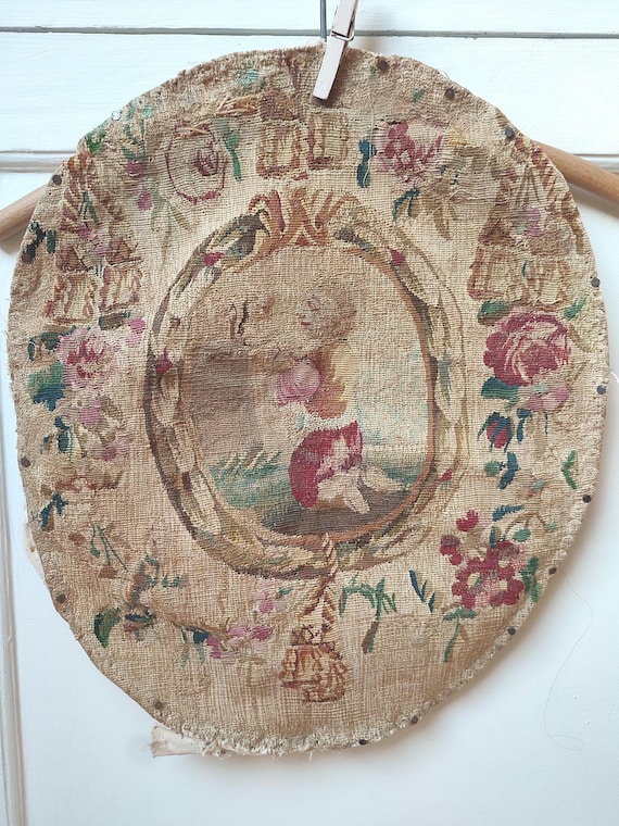 French Small Oval Tapestry Chair Back 18th C