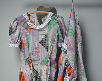 Prairie dress, Maxi boho dress patchwork print, vintage 70s, size XS