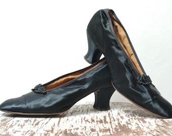 Antique black satin leather pumps bobbin style heel