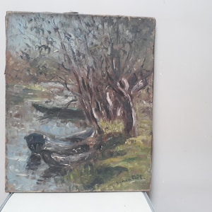 Pintura de un río, pintura de paisaje, barcos, óleo sobre lienzo firmado antiguo